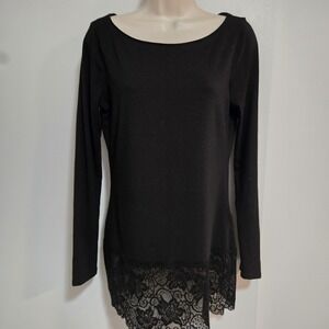 White House Black Market Size M Black Stretch Lace Trim Knit T-shirt Top